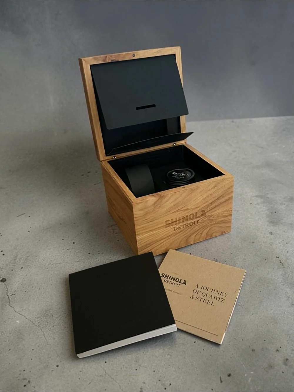 Shinola Detroit Wooden Watch Box with Booklets - Natural Wood & Black